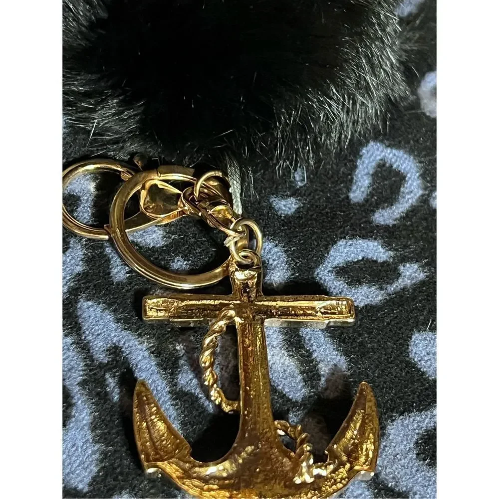 Rhinestoned Anchor Bling Key Fob with Mink Pom Pom